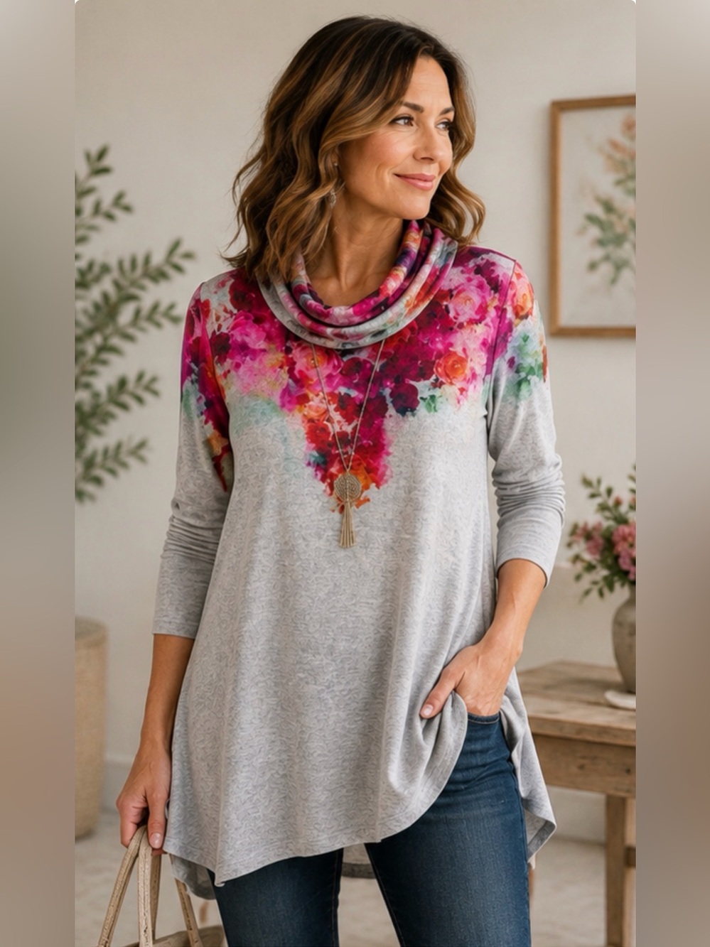 Passport Floral Cowl Neck Tunic Top Small Gray Pink Watercolor Rose Lagenlook